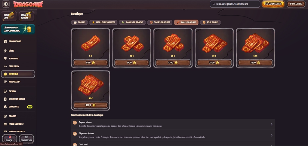 Boutique de bonus du casino Dragonia