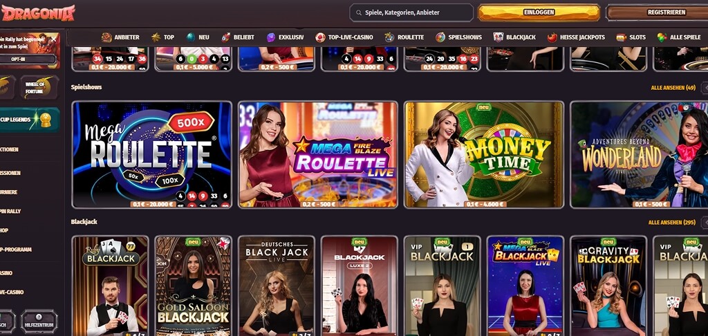 Dragonia Casino-Benutzeroberfläche