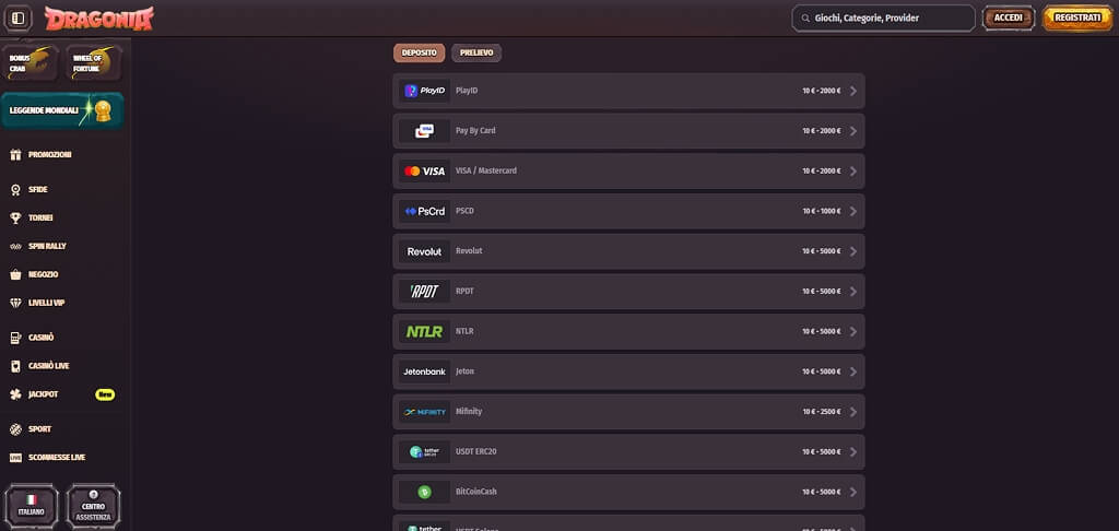 Dragonia Casinò Metodi di pagamento