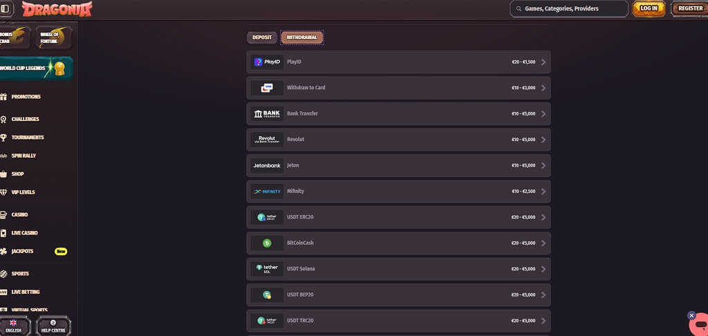 Dragonia Casino Payment Methods