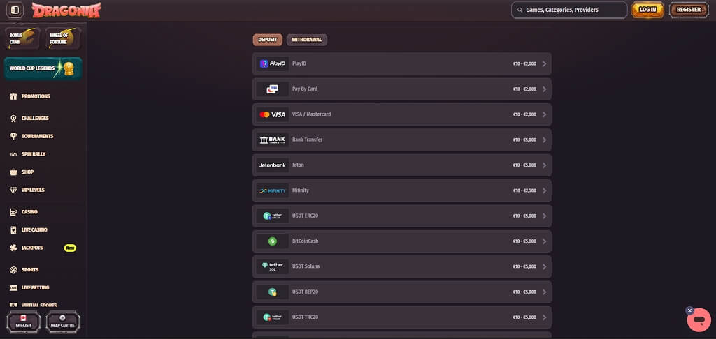 Dragonia Casino Payment Methods