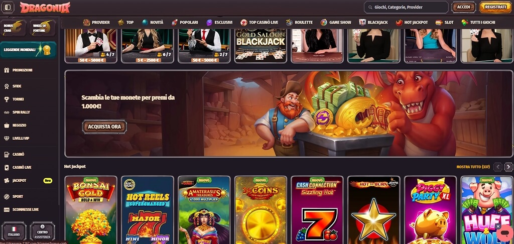 Interfaccia del Casinò Dragonia