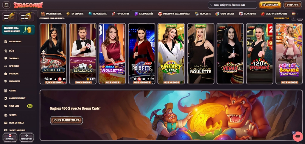 Interface du casino Dragonia