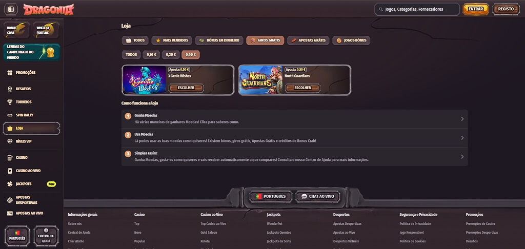 Loja de Bónus do Casino Dragonia