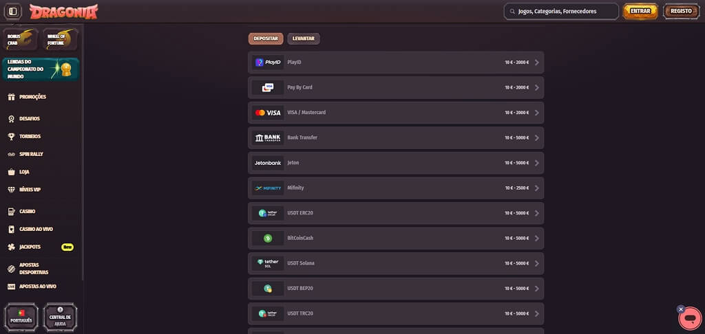 Métodos de pagamento do Dragonia Casino